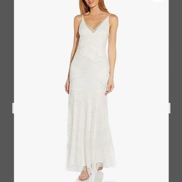 Adrianna Papell V-Neck Spaghetti Strap Beaded Mesh Covered Mermaid Gown In Ivory